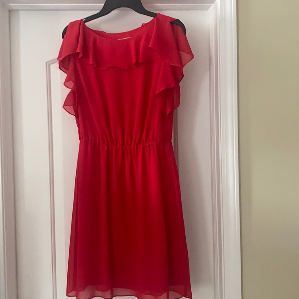 H&M red dress with ruffle neck and capped sleeves. Worn to a wedding one time.
